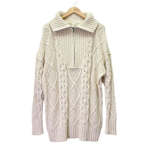 Free People Driftwood Cable Knit Polo in Ivory Size Medium M Fisherman Oversized - Picture 2 of 16